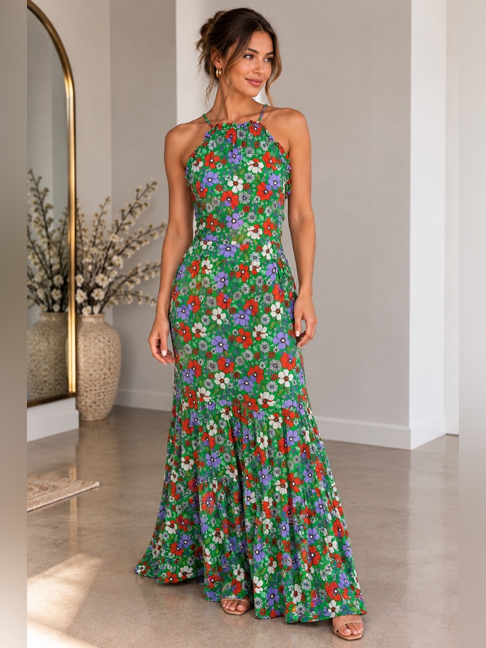 Alexia Admor Size 14 Green Floral Halter Maxi Dress Tiered Boho Garden Party